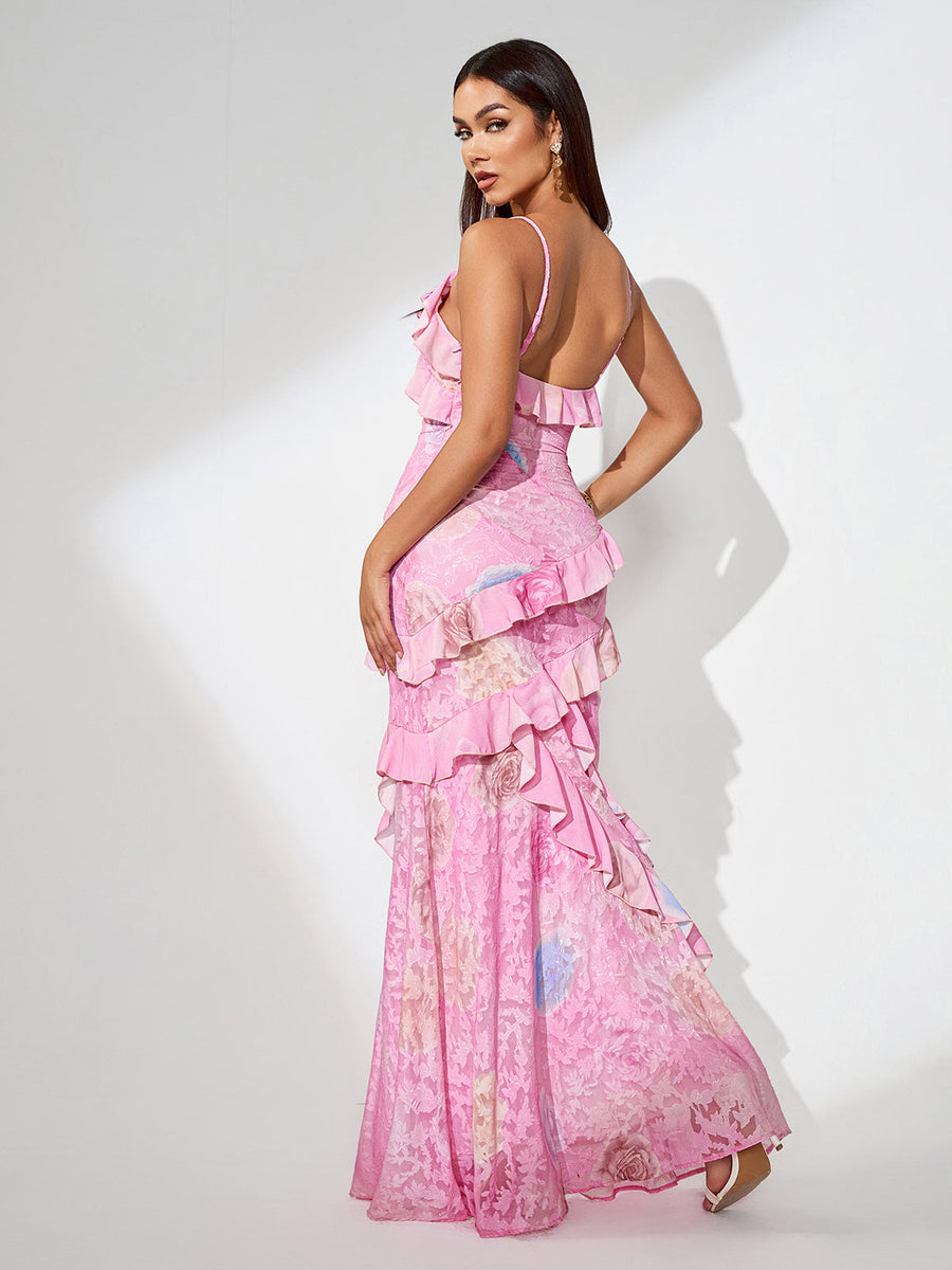 Open Back Jacquard Ruffle Maxi Dress - Opulent Empire
