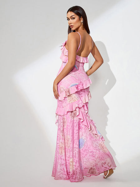 Open Back Jacquard Ruffle Maxi Dress - Opulent Empire