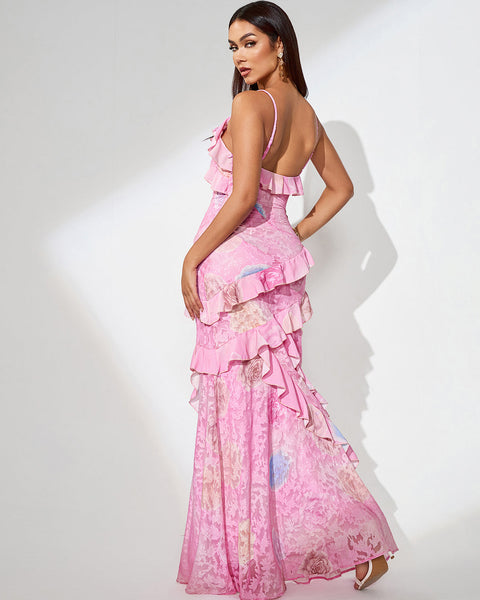 Open Back Jacquard Ruffle Maxi Dress - Opulent Empire