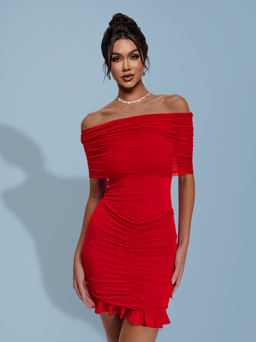 Elegant Off-Shoulder Ruffled Mesh Dress for a Stylish and Flirty Look