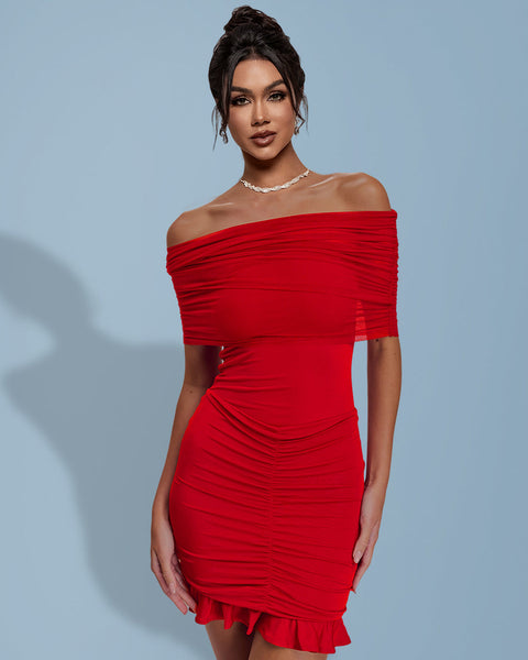 Elegant Off-Shoulder Ruffled Mesh Dress for a Stylish and Flirty Look