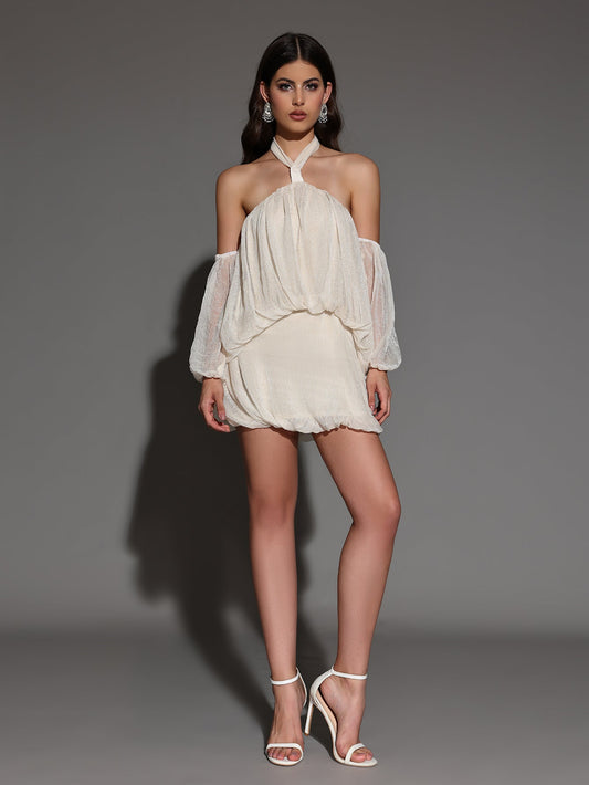 Soft Mini Plush Dress with Backless and Halter Neck