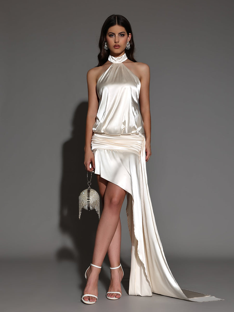 Open-back dress with asymmetrical side trains