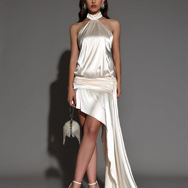 Open-back dress with asymmetrical side trains