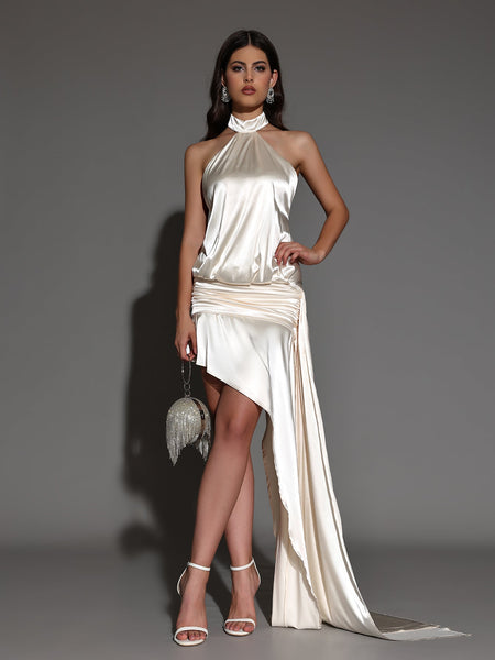 Open-back dress with asymmetrical side trains