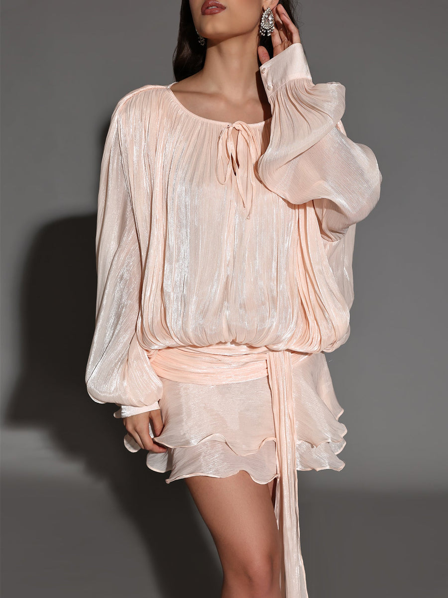 Mini Pleated Dress with Round Neck and Soft Skin Effect