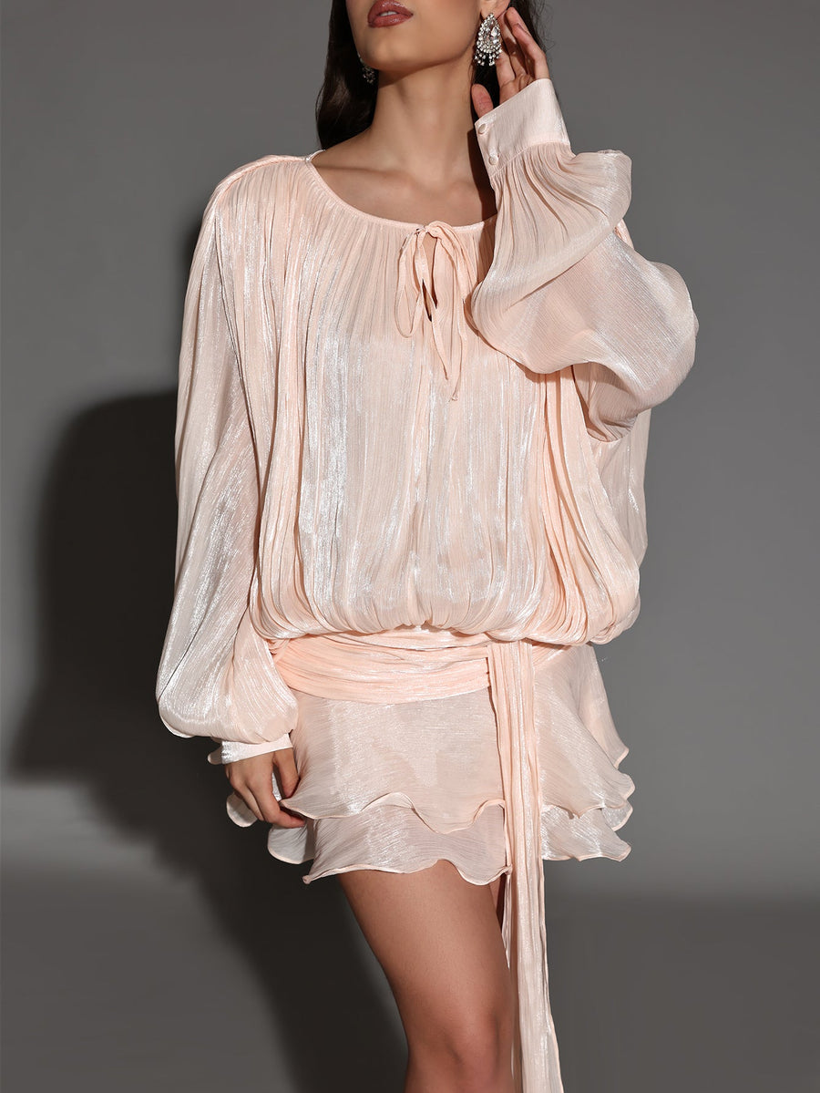 Florence Bellamy — Mini Pleated Dress with Round Neck and Soft Skin Effect, alternate view 2
