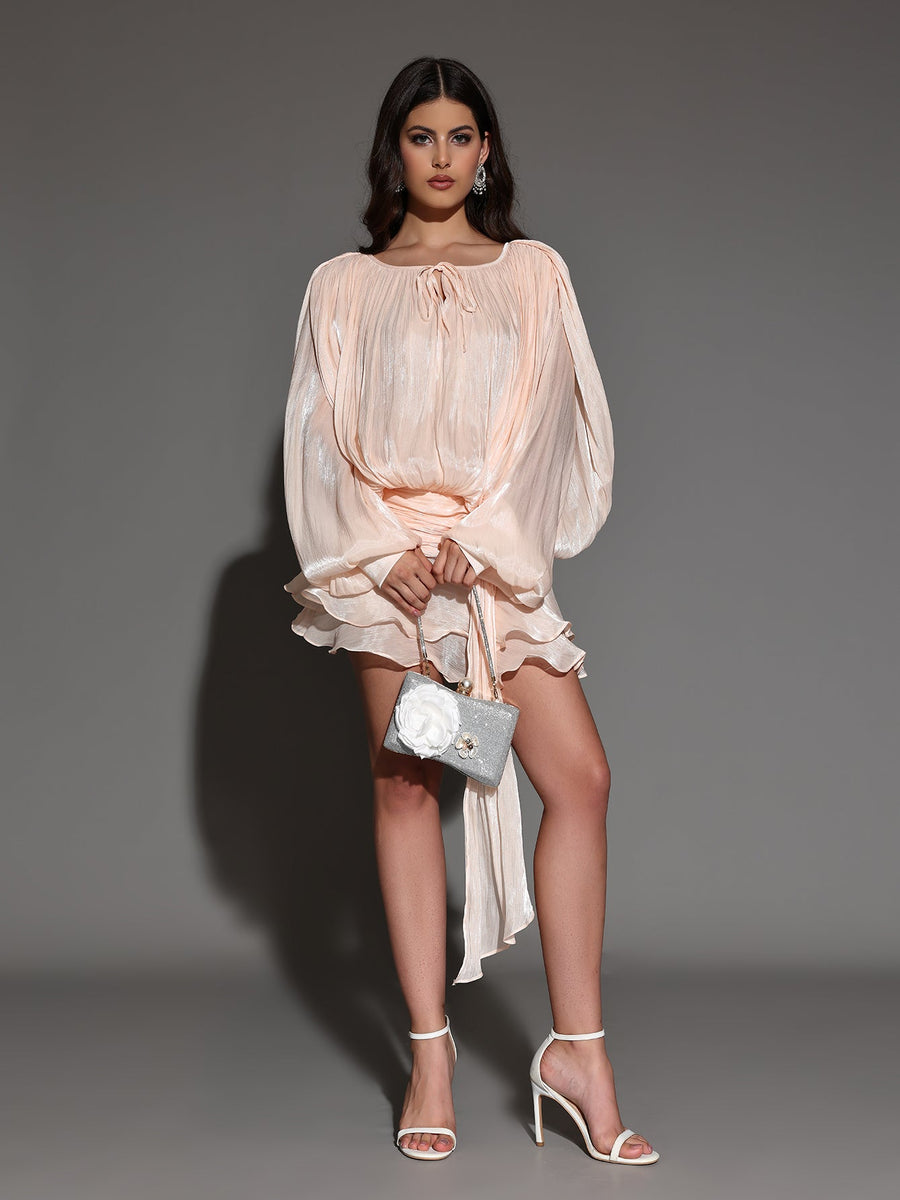 Mini Pleated Dress with Round Neck and Soft Skin Effect