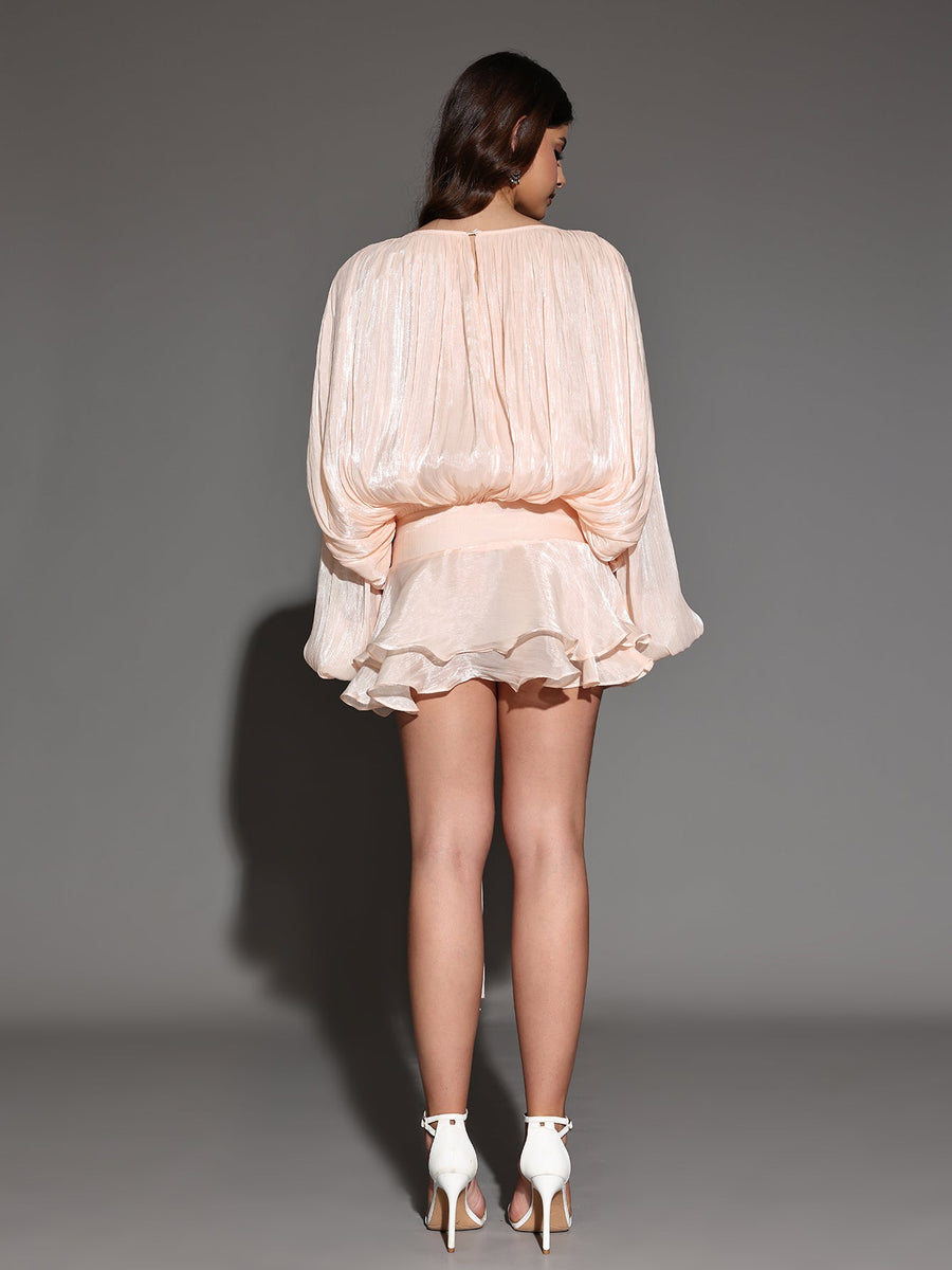 Mini Pleated Dress with Round Neck and Soft Skin Effect