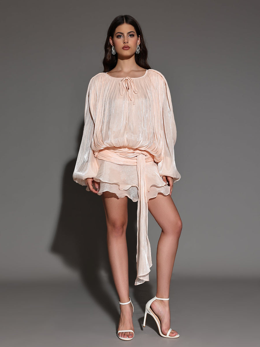 Mini Pleated Dress with Round Neck and Soft Skin Effect