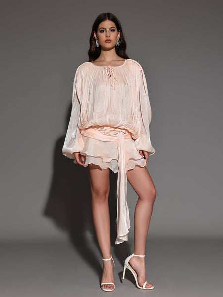 Mini Pleated Dress with Round Neck and Soft Skin Effect