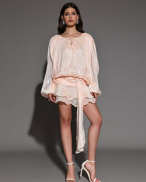 Mini Pleated Dress with Round Neck and Soft Skin Effect