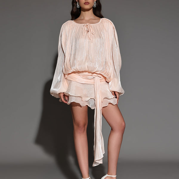 Mini Pleated Dress with Round Neck and Soft Skin Effect