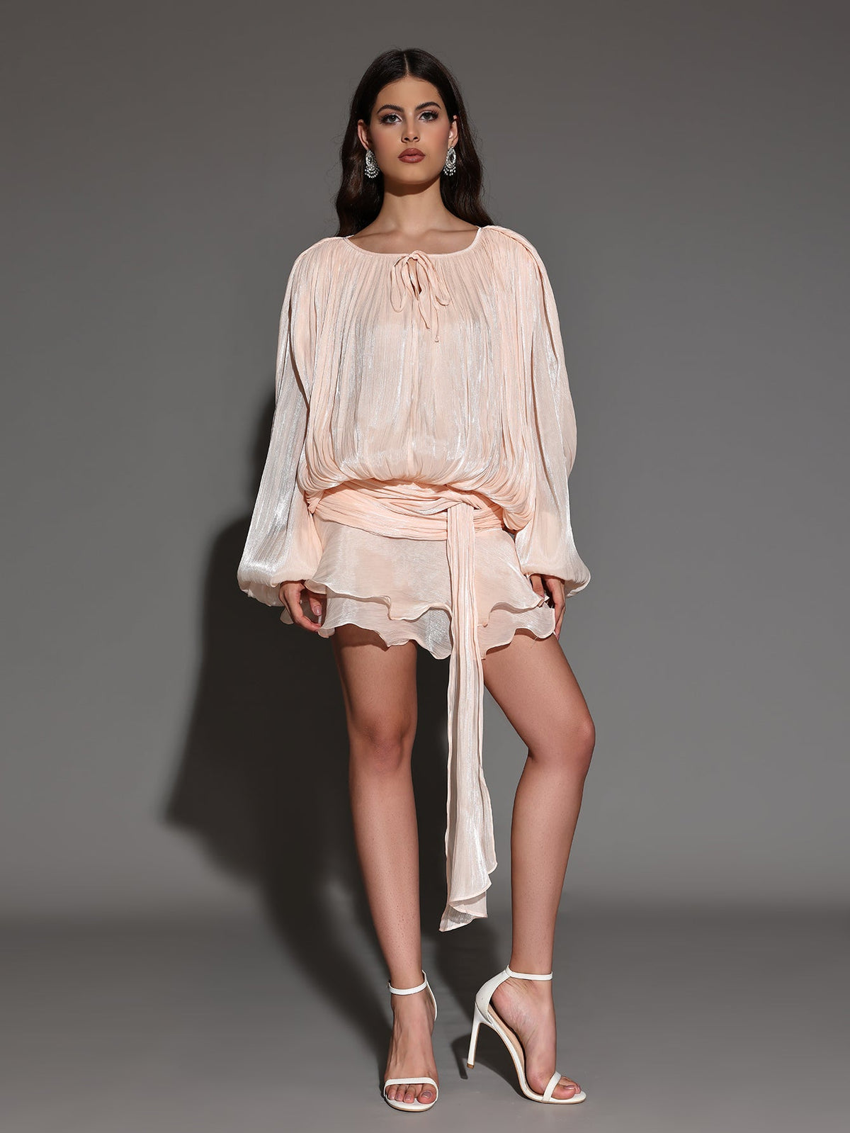 Mini Pleated Dress with Round Neck and Soft Skin Effect