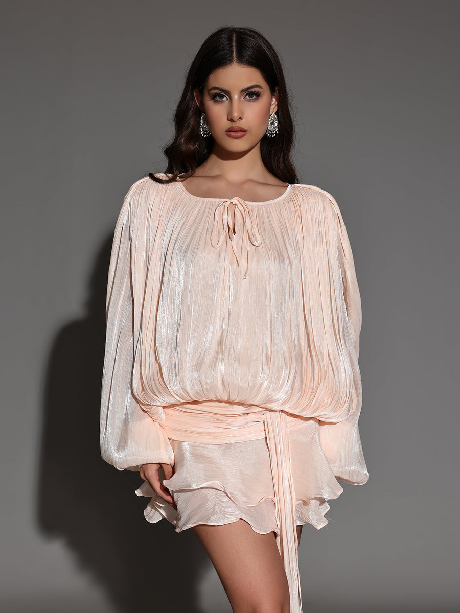 Mini Pleated Dress with Round Neck and Soft Skin Effect
