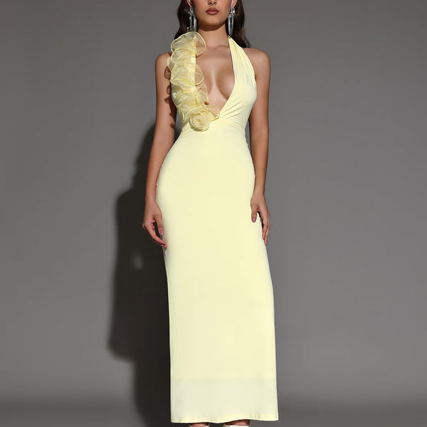 Elegant halter neck maxi dress with ruffles and deep neckline