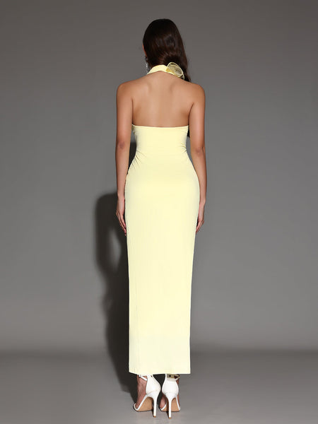 Elegant halter neck maxi dress with ruffles and deep neckline