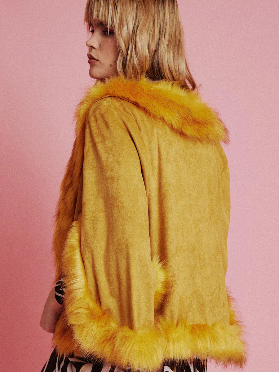Yellow Faux Fur Suede Cape Jacket-1