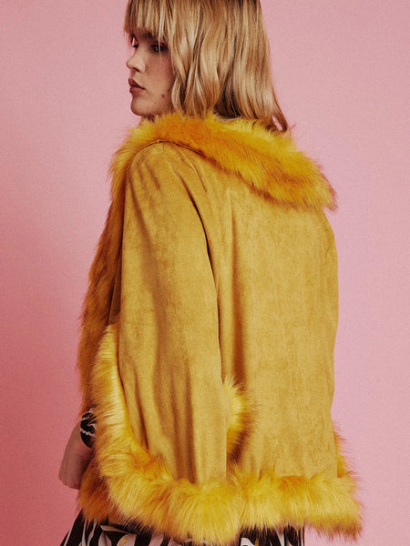 Yellow Faux Fur Suede Cape Jacket-1