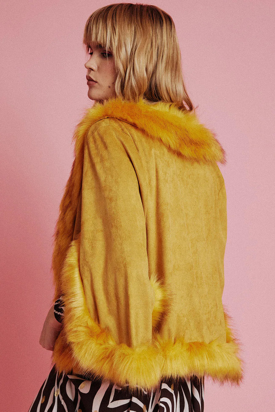 Honora Beaumont — Yellow Faux Fur Suede Cape Jacket, alternate view 2