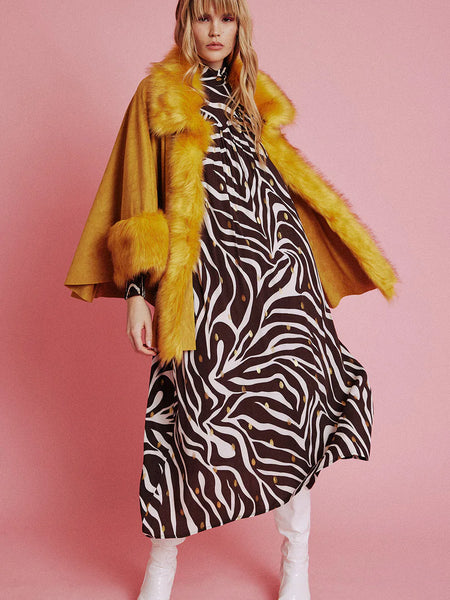 Yellow Faux Fur Suede Cape Jacket-4