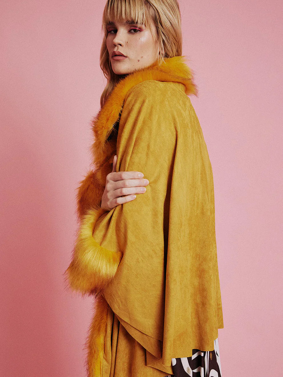 Yellow Faux Fur Suede Cape Jacket-2