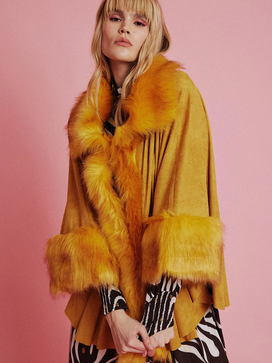Yellow Faux Fur Suede Cape Jacket-0