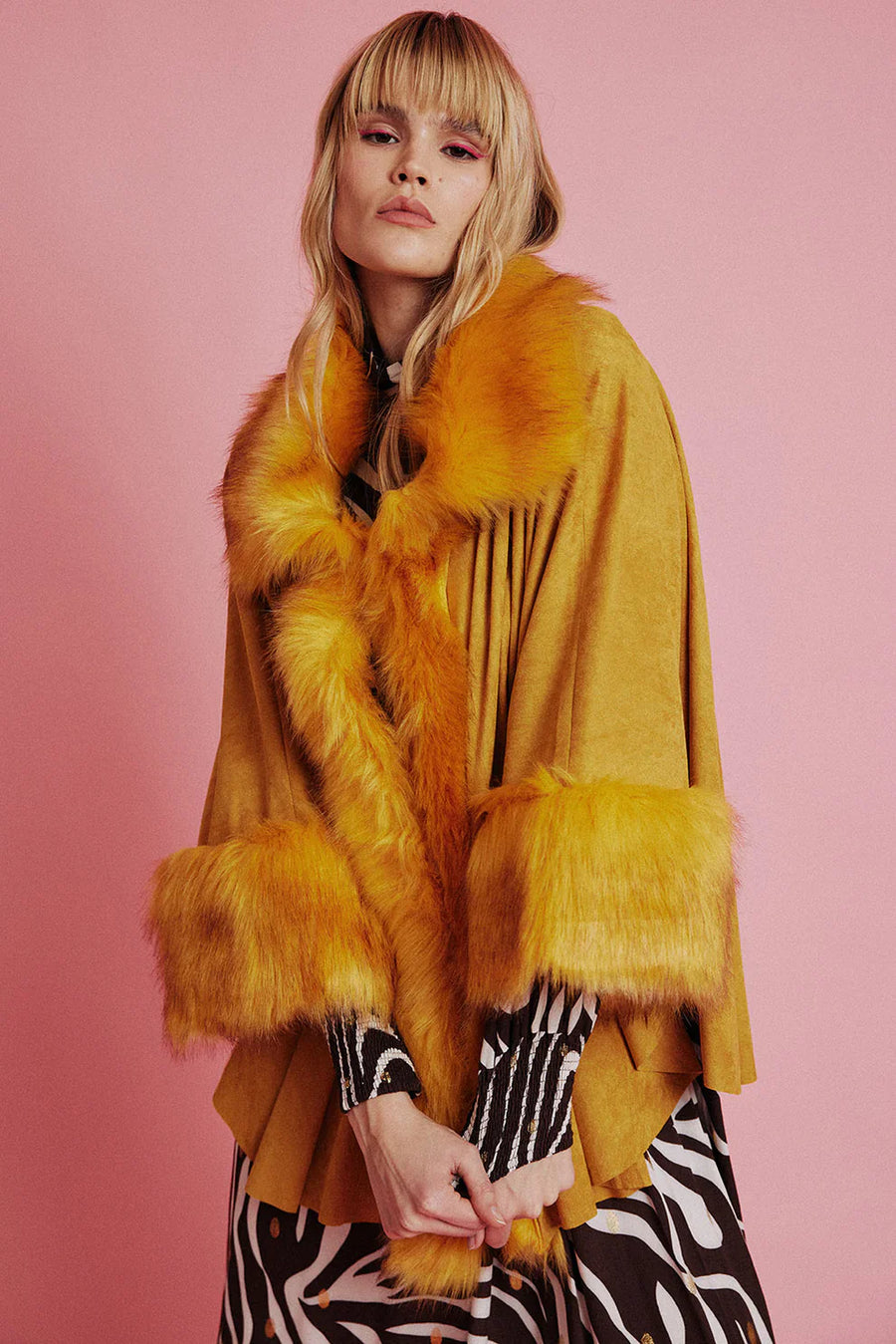 Honora Beaumont — Yellow Faux Fur Suede Cape Jacket