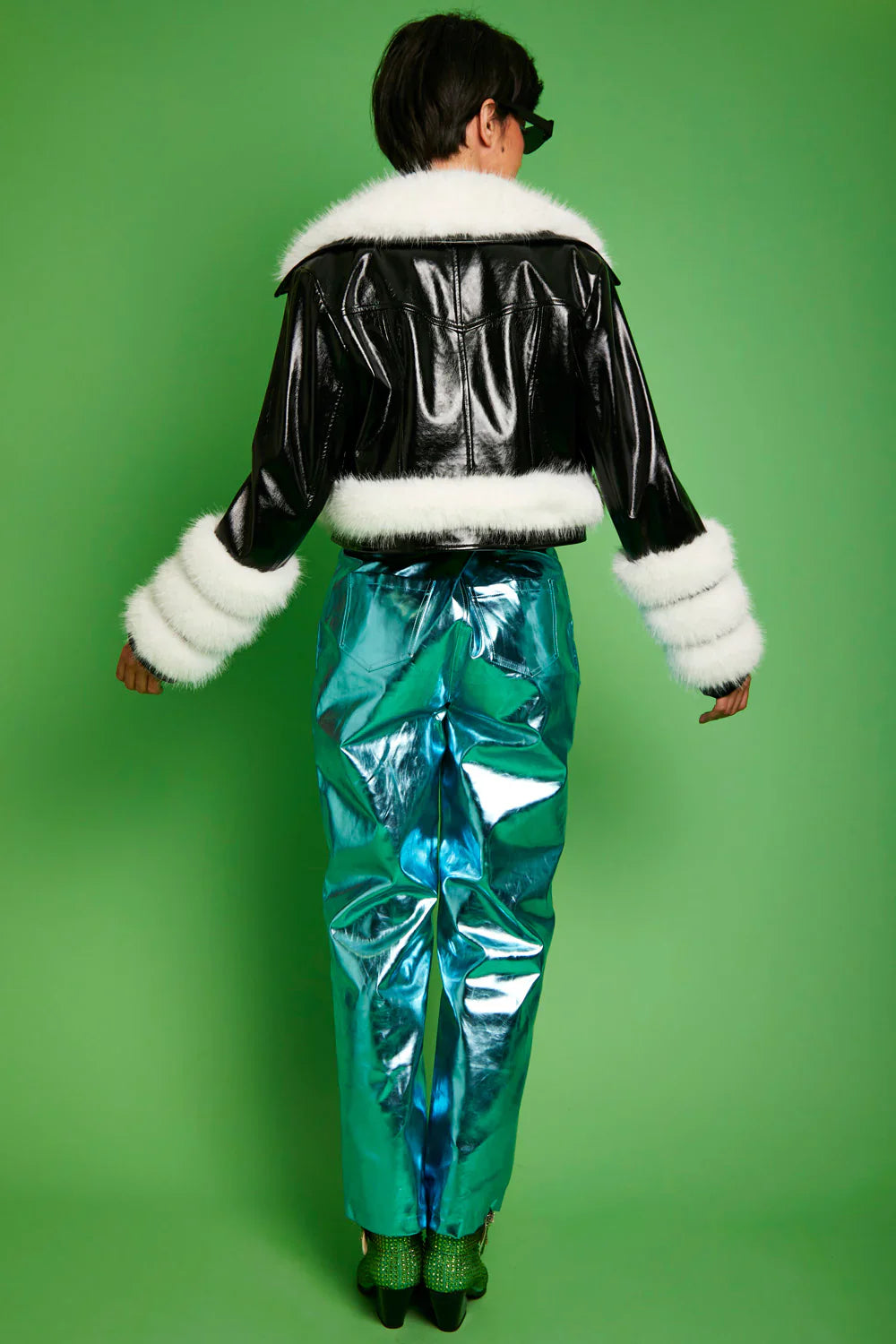 Celandine Beaumont — Black White Faux Leather Faux Fur Biker Jacket, alternate view 3