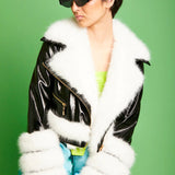 Black White Faux Leather Faux Fur Biker Jacket-0