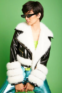 Celandine Beaumont — Black White Faux Leather Faux Fur Biker Jacket