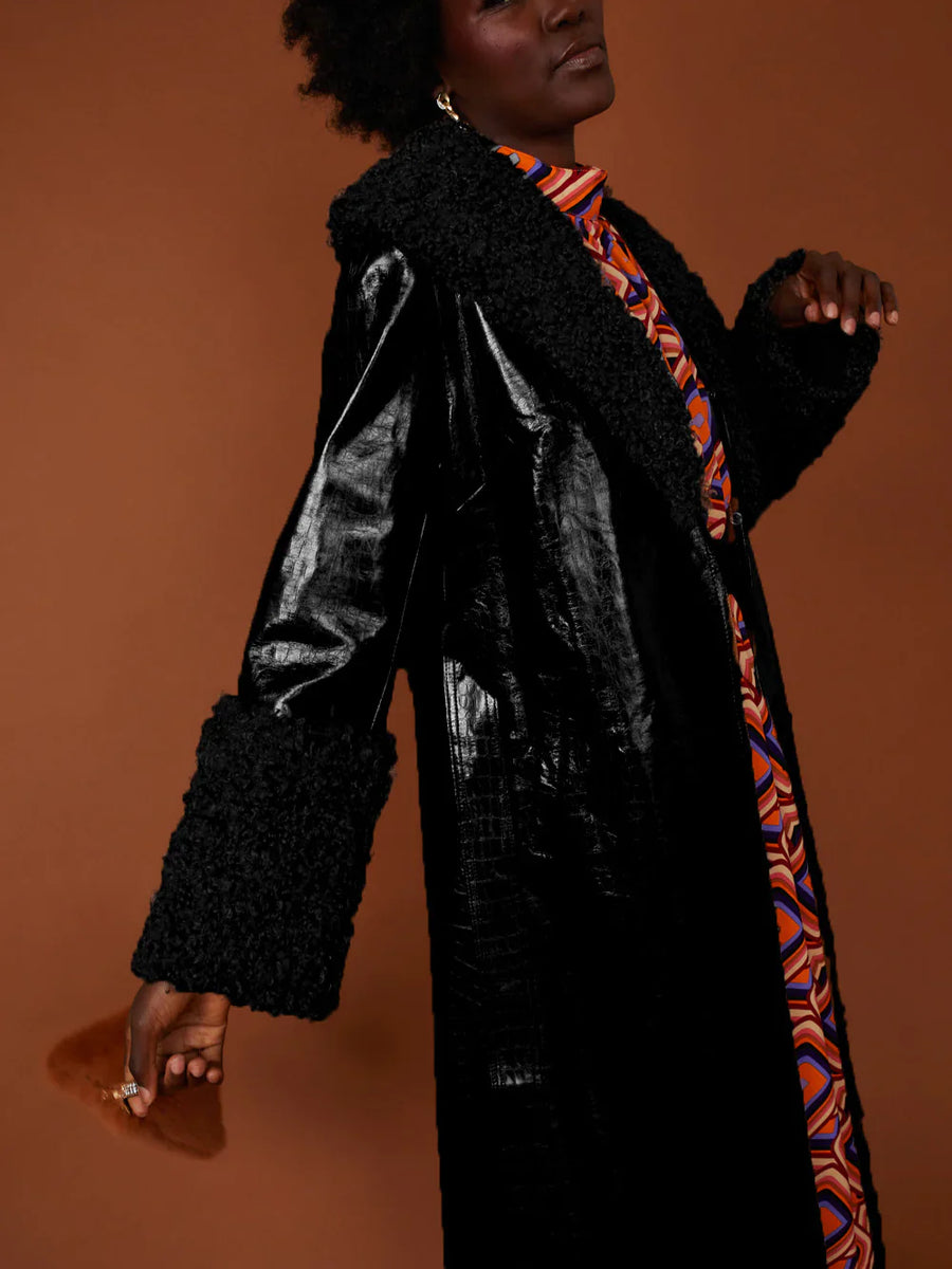 Black Faux Leather Trench Coat with Detachable Faux Mongolian Collar and Cuffs