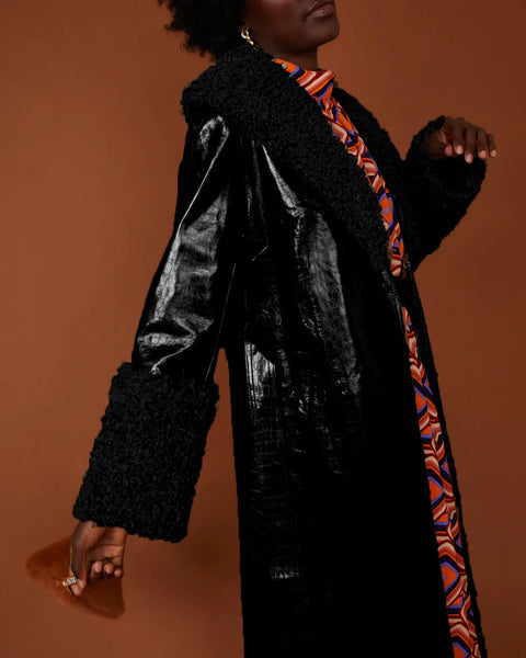 Black Faux Leather Trench Coat with Detachable Faux Mongolian Collar and Cuffs