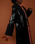 Black Faux Leather Trench Coat with Detachable Faux Mongolian Collar and Cuffs