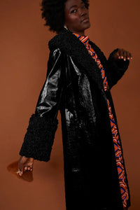 Lilou — Black Faux Leather Trench Coat with Detachable Faux Mongolian Collar and Cuffs