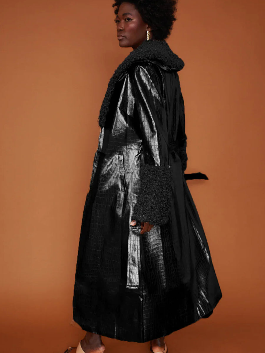 Black Faux Leather Trench Coat with Detachable Faux Mongolian Collar and Cuffs