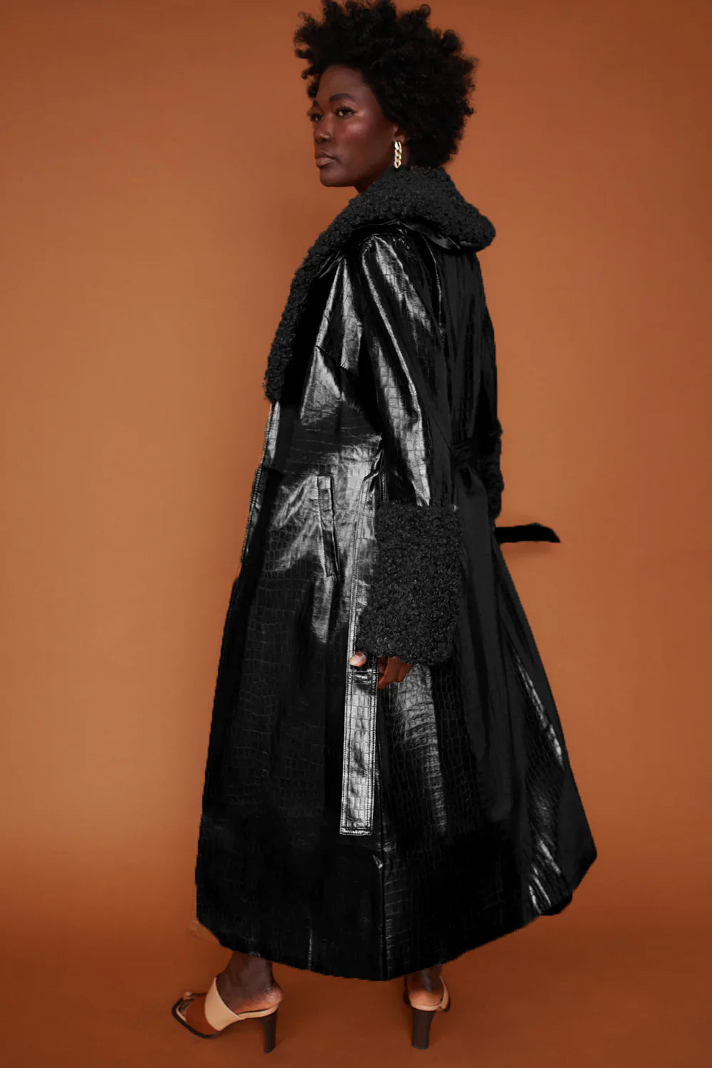 Lilou — Black Faux Leather Trench Coat with Detachable Faux Mongolian Collar and Cuffs, alternate view 2