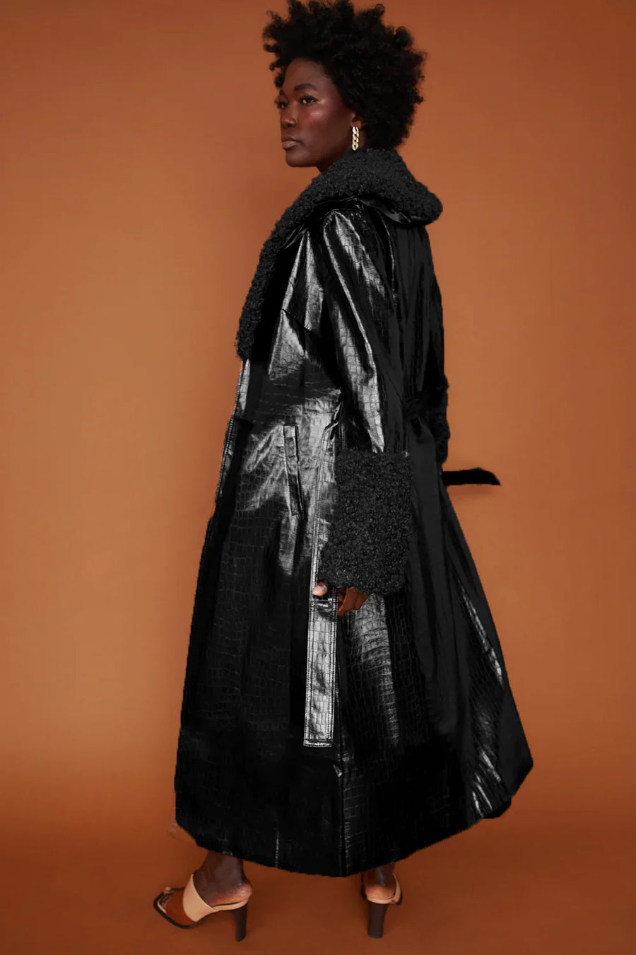 Lilou — Black Faux Leather Trench Coat with Detachable Faux Mongolian Collar and Cuffs, alternate view 2