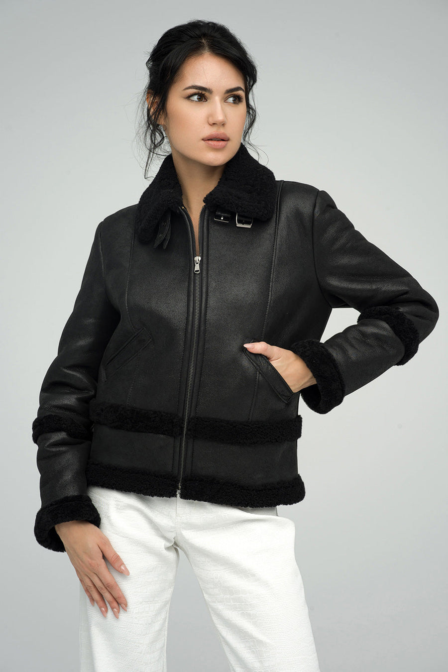 Vittoria — Black Merino Shearling Leather Jacket, alternate view 2