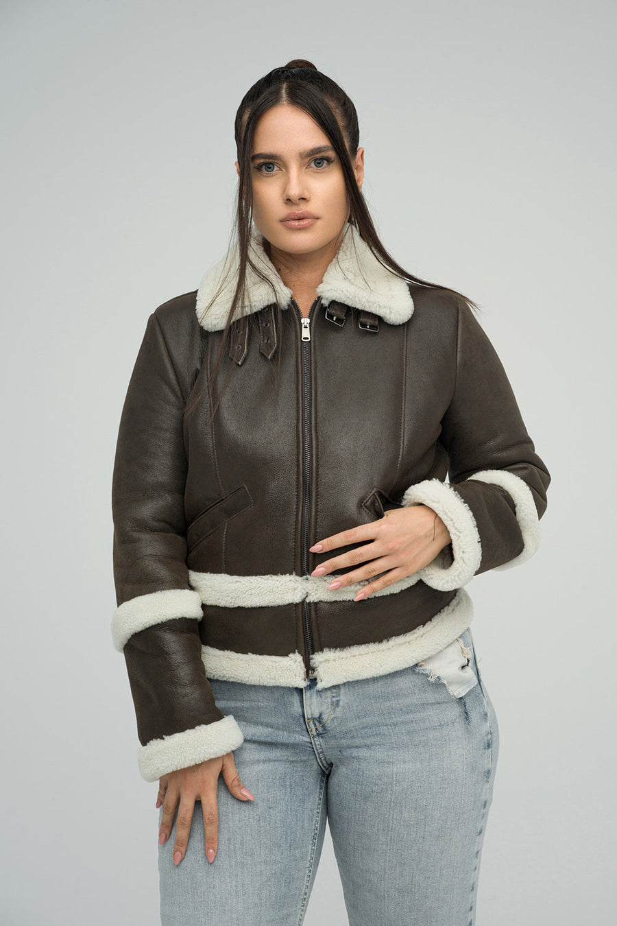 Fenella Beaumont — Brown Merino Shearling Leather Jacket, alternate view 2