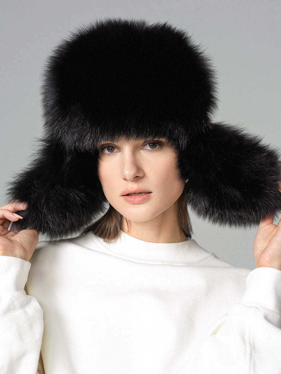 Black Genuine Arctic Fox Fur Sheepskin Hat