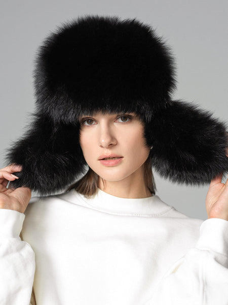 Black Genuine Arctic Fox Fur Sheepskin Hat