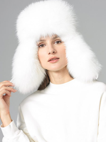 White Genuine Arctic Fox Fur Sheepskin Hat