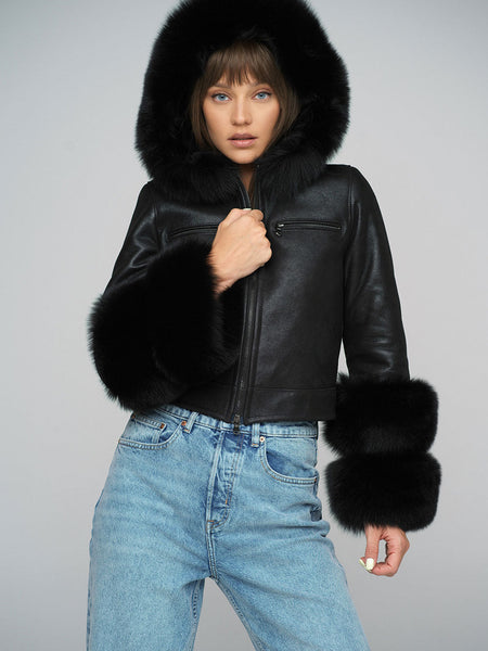 Black Merino Leather Jacket with Fox Fur Collar and Cuffs-0
