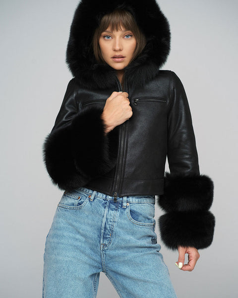 Black Merino Leather Jacket with Fox Fur Collar and Cuffs-0