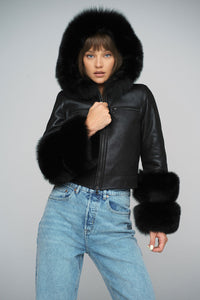 Delphina Beaumont — Black Merino Leather Jacket with Fox Fur Collar and Cuffs