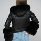 Black Merino Leather Jacket with Fox Fur Collar and Cuffs-2