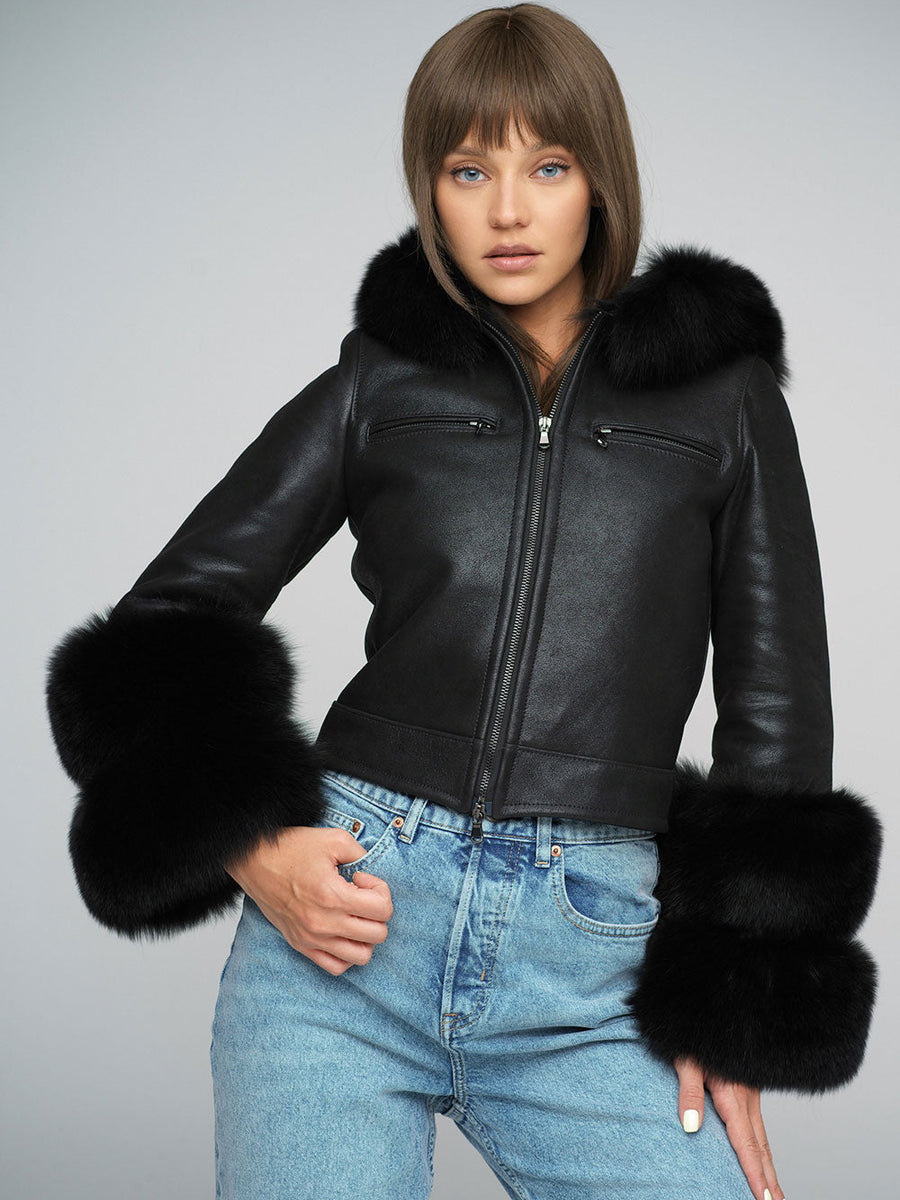 Black Merino Leather Jacket with Fox Fur Collar and Cuffs-1