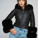 Black Merino Leather Jacket with Fox Fur Collar and Cuffs-1
