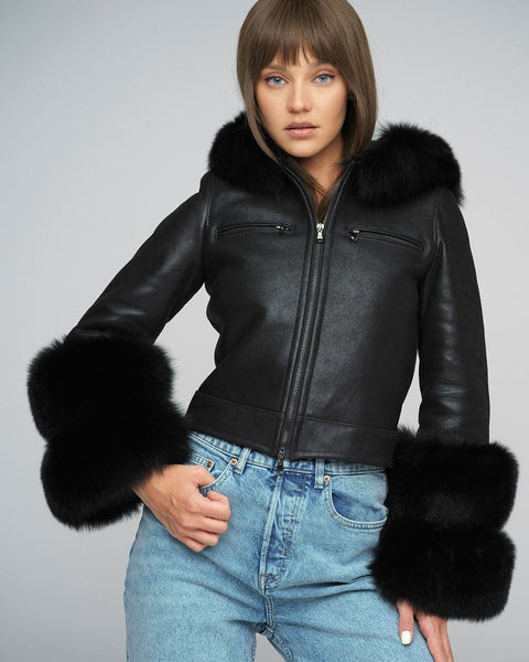 Black Merino Leather Jacket with Fox Fur Collar and Cuffs-1